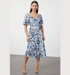 Снимка на Trendyol Blue Floral Patterned A-Line Balloon Sleeve Floral Patterned Midi Woven Dress