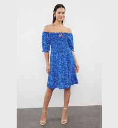 Снимка на Trendyol Blue Floral Patterned Madonna Collar Viscose Woven Dress with Skirt Opening at the Waist