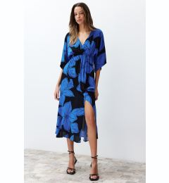 Снимка на Trendyol Blue Floral Print A-line Double-breasted Collar Midi Woven Dress