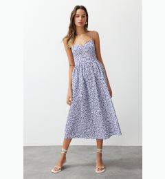 Снимка на Trendyol Blue Floral Print A-line Sweetheart Neck Midi Poplin Woven Dress