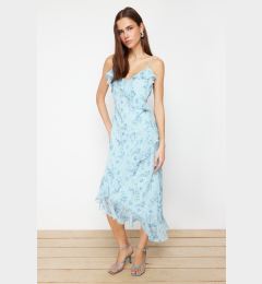 Снимка на Trendyol Blue Floral Ruffle A-line Chiffon Lined Maxi Woven Dress