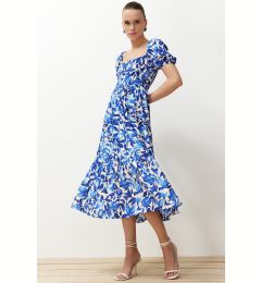 Снимка на Trendyol Blue Floral Skater Gown Neck Detailed Shally Midi Woven Dress