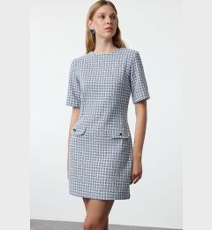 Снимка на Trendyol Blue Houndstooth Straight Cut Button Detailed Tweed Woven Dress