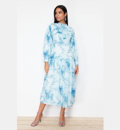 Снимка на Trendyol Blue Lined Floral Pattern Belted Woven Dress