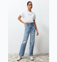 Снимка на Trendyol Blue More Sustainable Ripped High Waist Straight Jeans