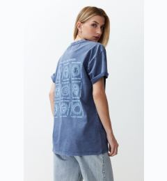 Снимка на Trendyol Blue Oversize/Wide Fit Galaxy Front and Back Printed Washed Knitted T-Shirt