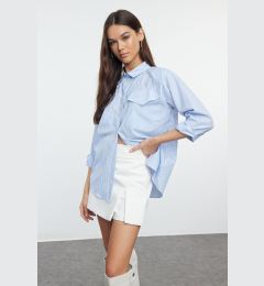 Снимка на Trendyol Blue Padding Detailed Striped Pocket Flap Oversize Wide Fit Shirt