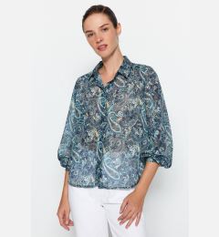 Снимка на Trendyol Blue Paisley Pattern Transparent Oversize/Wide Fit Woven Shirt