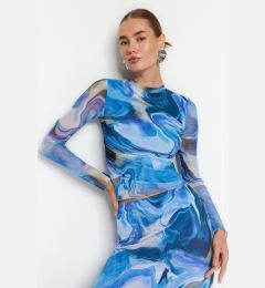 Снимка на Trendyol Blue Patterned Draped Sheer Backless Fitted/Situated Tulle Knitted Blouse