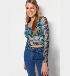 Снимка на Trendyol Blue Patterned Fitted Crop Tulle Stretch Knitted Blouse