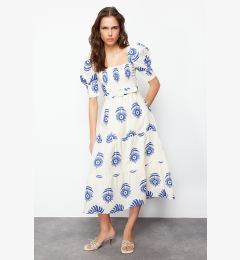 Снимка на Trendyol Blue Patterned Square Neck Linen Look Belted Midi Woven Dress