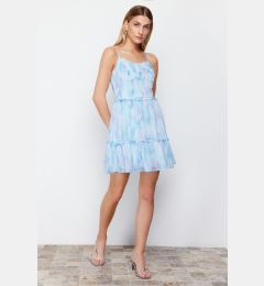 Снимка на Trendyol Blue Patterned Waist Opening V-neck Mini Lined Chiffon Woven Dress