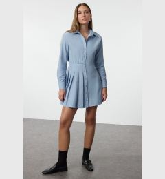 Снимка на Trendyol Blue Pleated Detail Plain Mini Woven Shirt Dress