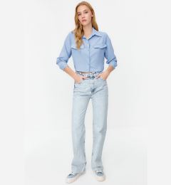 Снимка на Trendyol Blue Pocket Detailed Crop Aerobin Regular Fit Woven Shirt