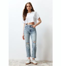 Снимка на Trendyol Blue Ripped Detailed High Waist Straight Jeans