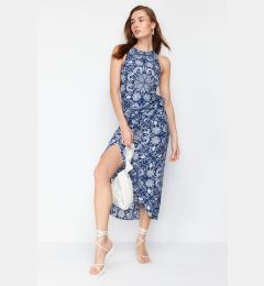 Снимка на Trendyol Blue Shawl Patterned A-line Tie Detailed Midi Woven Dress