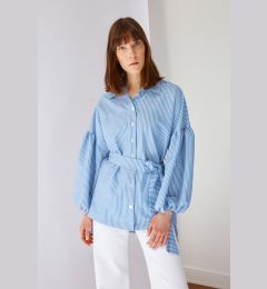 Снимка на Trendyol Blue Striped Belted Balloon Back Sleeve Long Woven Shirt