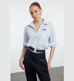 Снимка на Trendyol Blue Striped Crop Shirt with Elastic Hem and Label Detail