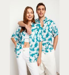 Снимка на Trendyol Blue Unisex Oversize Fit Pineapple Printed 100% Viscose Short Sleeve Casual Summer Shirt