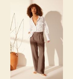 Снимка на Trendyol Brown 100% Linen Pleated High Waist Wide Leg Trousers