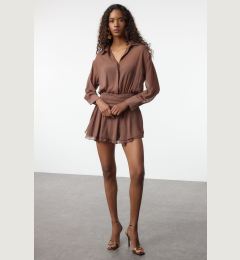 Снимка на Trendyol Brown A-Line Shirt Collar Ruffle Detailed Chiffon Woven Short Dress