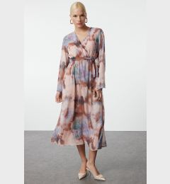 Снимка на Trendyol Brown Abstract Pattern Belted A-Line Double Breasted Collar Lined Chiffon Maxi Woven Dress