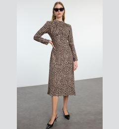 Снимка на Trendyol Brown Animal Pattern Collar Drape Detailed A-Line Midi Woven Dress