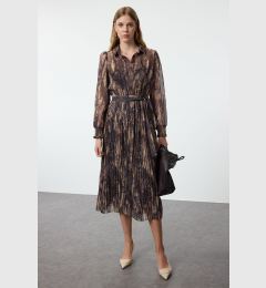 Снимка на Trendyol Brown Animal Patterned Pleated Detailed Lined Maxi Woven Winter Dress