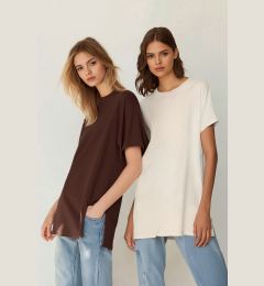 Снимка на Trendyol Brown-Beige 2 Pack Slit Detailed Crew Neck Short Sleeve Basic Knitted T-Shirt