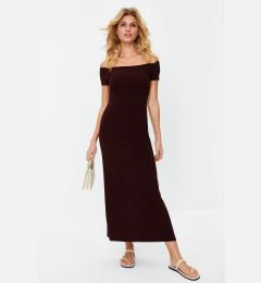 Снимка на Trendyol Brown Carmen Collar Fitted/Fitted Stretchy Knitted Maxi Pencil Dress