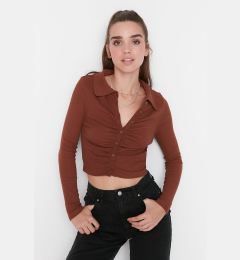 Снимка на Trendyol Brown Fitted Crop Polo Neck Ribbed Cotton Stretch Knitted Blouse