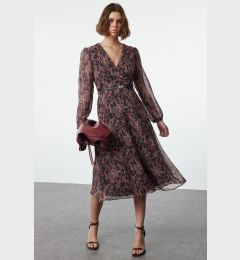 Снимка на Trendyol Brown Floral Belted A-Line Midi Double Breasted Collar Patterned Chiffon Woven Dress