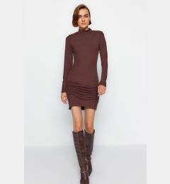 Снимка на Trendyol Brown High Collar Fitted Long Sleeve Slit Mini Ribbed Stretchy Knitted Dress