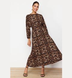 Снимка на Trendyol Brown Leopard Patterned Belt Detailed Crinkle Woven Dress