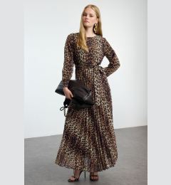 Снимка на Trendyol Brown Leopard Patterned Belt Detailed Lined Pleated Chiffon Woven Dress