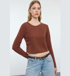 Снимка на Trendyol Brown Low Shoulder Crew Neck Crop Thessaloniki/Knitwear Look Knitted Blouse