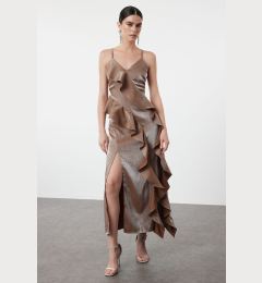 Снимка на Trendyol Brown Metallic Look Flounce Detailed Woven Dress