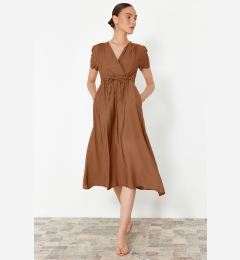 Снимка на Trendyol Brown V-neck Midi Woven Dress with Opened Waist