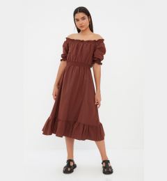 Снимка на Trendyol Brown Waist Gimped Madonna Neck Midi Linen Look Woven Dress