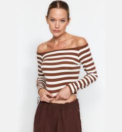 Снимка на Trendyol Brown With Soft Fabric Striped Carmen Collar Fitted/Slippery Knitted Blouse