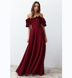 Снимка на Trendyol Burgundy A-Cut Flounce Woven Long Elegant Evening Dress