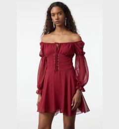 Снимка на Trendyol Burgundy A-Line Carmen Neck Tie Detail Lined Chiffon Short Dress