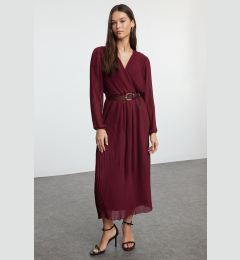 Снимка на Trendyol Burgundy Belted A-Line Pleated Maxi Lined Chiffon Woven Dress