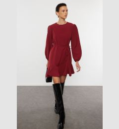 Снимка на Trendyol Burgundy Belted Plain Mini Woven Dress