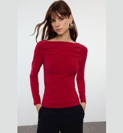 Снимка на Trendyol Burgundy Boat Neck Draped Fitted Stretchy Knitted Blouse