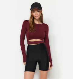 Снимка на Trendyol Burgundy Crop Window/Cut Out and Thumb Hole Detail Knitted Sports Top/Blouse