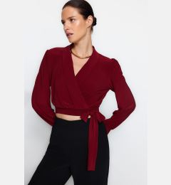 Снимка на Trendyol Burgundy Double Breasted Closure Crop Stretchy Knitted Blouse