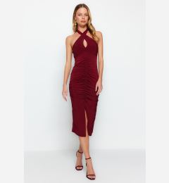 Снимка на Trendyol Burgundy Drape Detailed Barter Neck Fitted Midi Knitted Flexible Pencil Dress