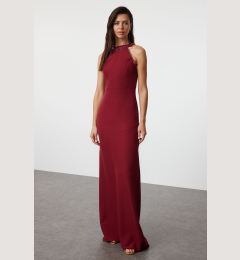 Снимка на Trendyol Burgundy Fitted Woven Shiny Stone Woven Long Evening Dress