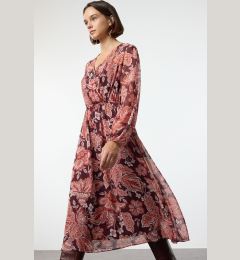 Снимка на Trendyol Burgundy Floral Double Breasted A-Line Midi Chiffon Lined Woven Dress